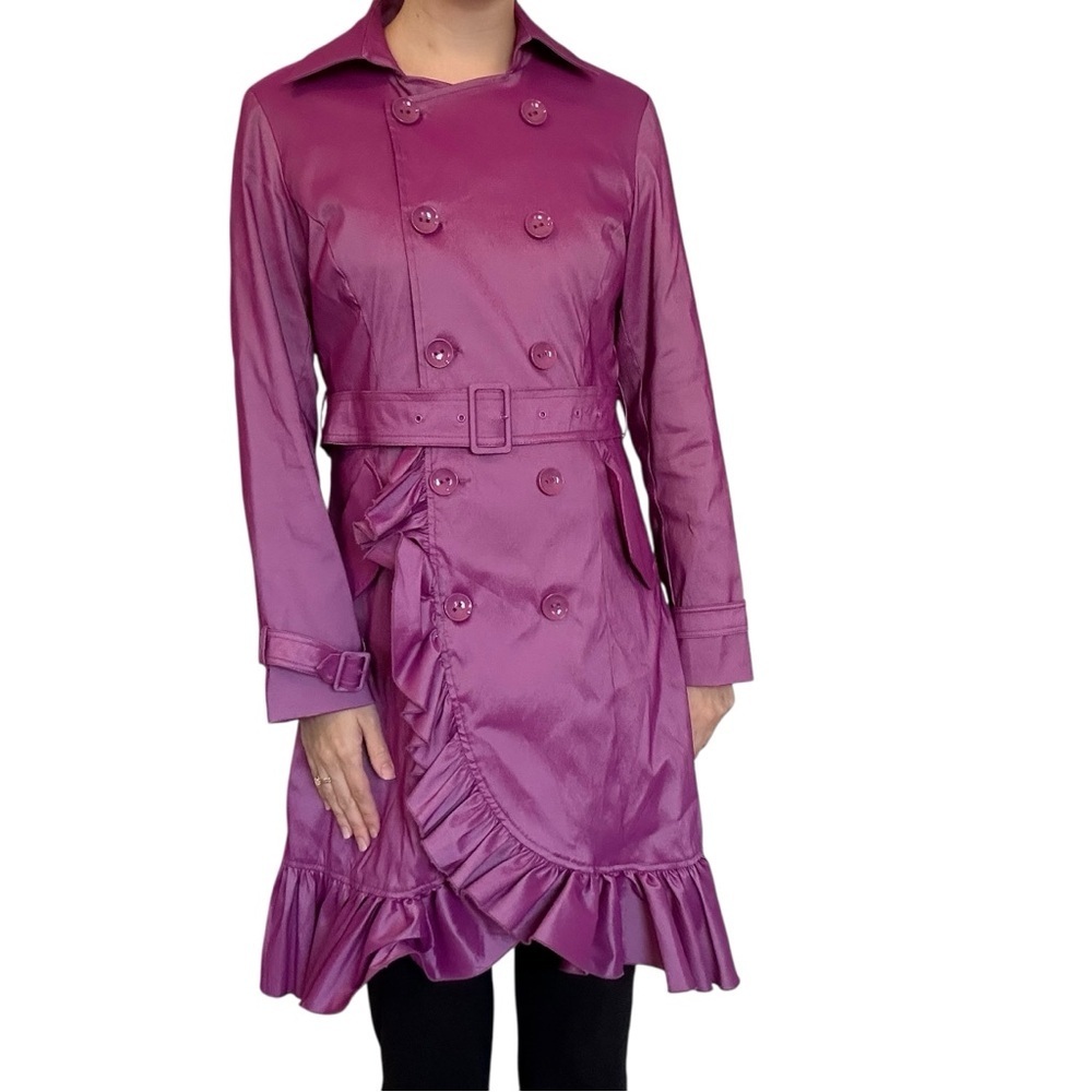 Samuel Dong Trench Coat Dress Ruffled Purple Magenta Bright Dopamine Size Small - Picture 2 of 8